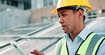 Roof, solar panel and tablet with construction worker man outdoor for installation or maintenance. App, planning and thinking with professional engineer in city for repair of power equipment