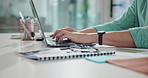 Businessman, hands and typing with documents on laptop for online report or finance in office. Man, accountant or analyst with computer for financial analysis, research or company budget in workplace