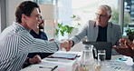 Businessman, team and applause for handshake at office meeting, success or goals at investment company. Mature leader, people and shaking hands for deal, achievement or praise performance at agency