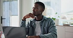 Thinking, creative and black man with laptop in office for vision, review article and headline ideas. Journalist, planning and pc with reflection, problem solving and editor feedback for publication