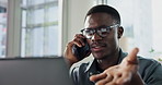 Black man, discussion and phone call with laptop for business chat or negotiation in office. Businessman, salesperson or conversation with mobile smartphone on computer for online advice in workplace