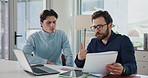 Business, laptop and men with discussion, teamwork and conversation with sales proposal. People, documents and employees with pc, help and feedback for project, subscription and company website info