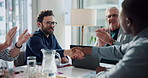 Businessman, group and applause for handshake at office meeting, success or goals at investment company. Business people, team and shaking hands for deal, achievement or praise performance at agency