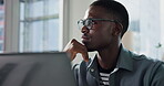Thinking, business and black man with laptop in office for vision, review article and headline ideas. Journalist, glasses and pc with reflection, problem solving and editor feedback for publication
