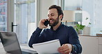 Businessman, listening and documents with phone call on laptop for finance advice in office. Man, financial advisor or consultant talking with mobile smartphone for business proposal in workplace