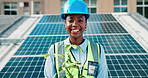 Face, solar panel engineer and black woman with plant for clean power on roof in city. Smile, renewable energy and photovoltaic technician with eco friendly portrait or sustainability in Kenya