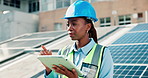 Roof, solar energy and tablet with black woman construction worker outdoor for panel installation. App, planning and thinking with engineer in city for maintenance or repair of power equipment