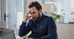 Frustrated, businessman and laptop with stress in office for mistake, strain or pressure. Man, employee or anxiety with depression on computer for fail, bad news or project deadline in workplace