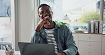 Face, business and black man with laptop, smile and copywriting with confidence. African person, happy employee and journalist in office, computer and email with subscription, planning and pride