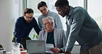 Collaboration, documents and laptop with business people in office boardroom for financial review. Computer, meeting and paperwork with employee team in corporate workplace for finance discussion