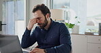 Headache, business and man in office with laptop, burnout and mental fatigue for deadline. Stress, migraine and analyst in office with computer, anxiety or time management in project pressure.