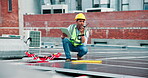 Radio, solar energy and tablet with construction worker man outdoor for panel maintenance. App, communication and sustainability with person on building in city for development or project management