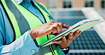 Roof, solar energy and tablet with hands of construction worker outdoor for panel installation. App, engineering and sustainability with person in city for maintenance or repair of power equipment