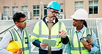 People, engineer and tablet for inspection of solar panel, maintenance and discussion for compliance on rooftop. Digital checklist, sustainable assessment and team outdoor for renewable energy grid