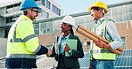 Handshake, people and solar panels with team for engineering, tablet and renewable energy source. Engineer, photovoltaic plan and group shaking hands for sustainable maintenance and alternative power