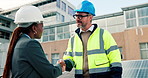 Handshake, people and solar panels with partnership or engineering, inspector and renewable energy. Engineer, photovoltaic inspection and team shaking hands for sustainable and alternative power