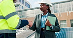 Handshake, people and solar panels with agreement for engineering, tablet and renewable energy source. Engineer, photovoltaic and team shaking hands for sustainable maintenance and alternative power