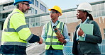 Deal, solar panel or engineer on rooftop with handshake, contract and conversation in renewable energy. Teamwork, photovoltaic and people in agreement with blueprint, planning and chat for project.