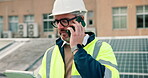 Man, engineer and tablet with phone call for solar panel inspection, maintenance and renewable energy. Mature person, mobile and discussion for repair feedback, planning installation and grid system