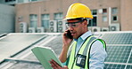 Man, tablet and talking with phone call for solar panel inspection, maintenance and renewable energy. Male engineer, mobile and discussion for repair feedback, planning installation and grid system