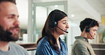 Headset, telecom and people in office with communication, customer service and advice in consultation. Virtual assistant, talking or team in workplace with client support, guidance or administration