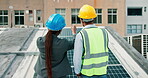 People, engineering and back with inspection of solar panel, maintenance and team in discussion on rooftop. Conversation, sustainable assessment and man with woman outdoor for renewable energy grid