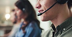 Headset, man and mouth of call center consultant in office with crm, communication or help desk. Contact us, customer service and male technical support agent with online consultation in workplace.