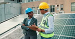 People, engineering and clipboard for inspection of solar panel, maintenance and team in discussion on rooftop. Checklist, sustainable assessment and man with woman outdoor for renewable energy grid