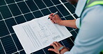 Hands, person and writing on blueprint for solar panel design, floor plan and technical drawing. Engineer, document and electrical layout for installation, photovoltaic illustration and maintenance