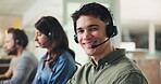 Face, call center and agent in office with headphone, telemarketing and technical support for agency. Happy, technology and man in sales with smile, communication or online advice for question