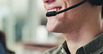 Headset, man and mouth of customer service agent in office with crm, communication or help desk. Contact us, call center and male technical support consultant with online consultation in workplace.