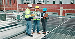 Engineer, blueprint or people on roof for solar panel, electricity or innovation in PV installation. Planning, technician or team in meeting for photovoltaic system, project or renewable energy.