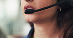 Headset, woman and mouth of customer service consultant in office with crm, communication or help desk. Contact us, call center and technical support agent with online consultation in workplace.