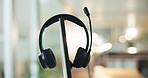 Empty, office and headset in call center for customer service, online sales and crm. Business computer, equipment and mic on monitor for lead generation, virtual support and contact in workplace