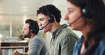 Agent, call center and people in office with headphone, lead generation and support for agency. Sales, collaboration and telemarketing with CRM, communication or help for consulting and online advice