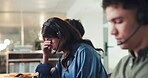 Frustrated, call center or person in office with headset, customer complaint or issue. Stress, talking or virtual assistant in consultation with telecom crisis, administration or client advice.