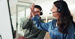 Happy, business people and consultant with high five for winning, congratulation and together in call center. Excited employees, team or agents for lead generations, bonus or telemarketing in office