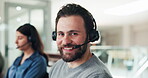 Telemarketing, headset or man in call center with smile, successful sale or negotiation in workplace. Portrait, happy agent or person in office with customer communication, promotion or consultation