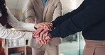 Business, hands stack and people with cooperation, success and support with staff synergy. Employees, gesture and group with teamwork, corporate goals and achievement with celebration and partnership