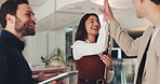 Business people, high five and night with clipboard for schedule, brainstorming or teamwork. Creative group, celebration and congratulations with smile for success or project deadline in office