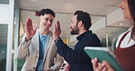High five, meeting and business people on tablet with success for project, online article and teamwork. Publishing agency, office and man with woman celebrate planning, review and editing proposal