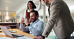Business people, laptop and team with celebration for trading success, financial win or good investment risk. High five, group support or fist pump with yes for stock market growth and trader profit
