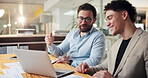 High five, agreement and men in office with tech, strategy and planning for new project. Happy, meeting and marketing team in company with laptop, online and approval of financial business loan.