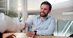 Business, deal and man in office with handshake, trust and growth in strategic partnership. Happy, collaboration and investor at meeting with tablet, shaking hands and contract success in agreement