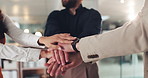 Business, hands stack and people in office, teamwork and support with staff synergy. Employees, gesture and group with cooperation, corporate goals and success with celebration, target or achievement