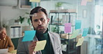 Sticky notes, planning and business man in office for task agenda, project ideas and schedule. Startup, corporate and person writing on glass for brainstorming, research and strategy for meeting