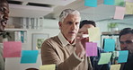 Sticky note, planning and business people in meeting for task agenda, project ideas and schedule. Discussion, creative agency and manager with team writing for brainstorming, research and strategy