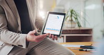 Tablet screen, presentation and man in office, charts for profit increase and investment proposal. Person, employee and investor in workplace, data analytics and results for funding report and app