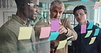 Sticky note, planning and team of business men in office with collaboration for finance budget. Glass wall, writing and manager with financial advisors for ideas on investment proposal in workplace.
