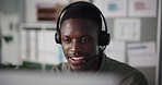 Headset, black man and call center consultant in office with communication, crm or contact us. Professional, mic and male technical support agent with consultation for customer service in workplace.